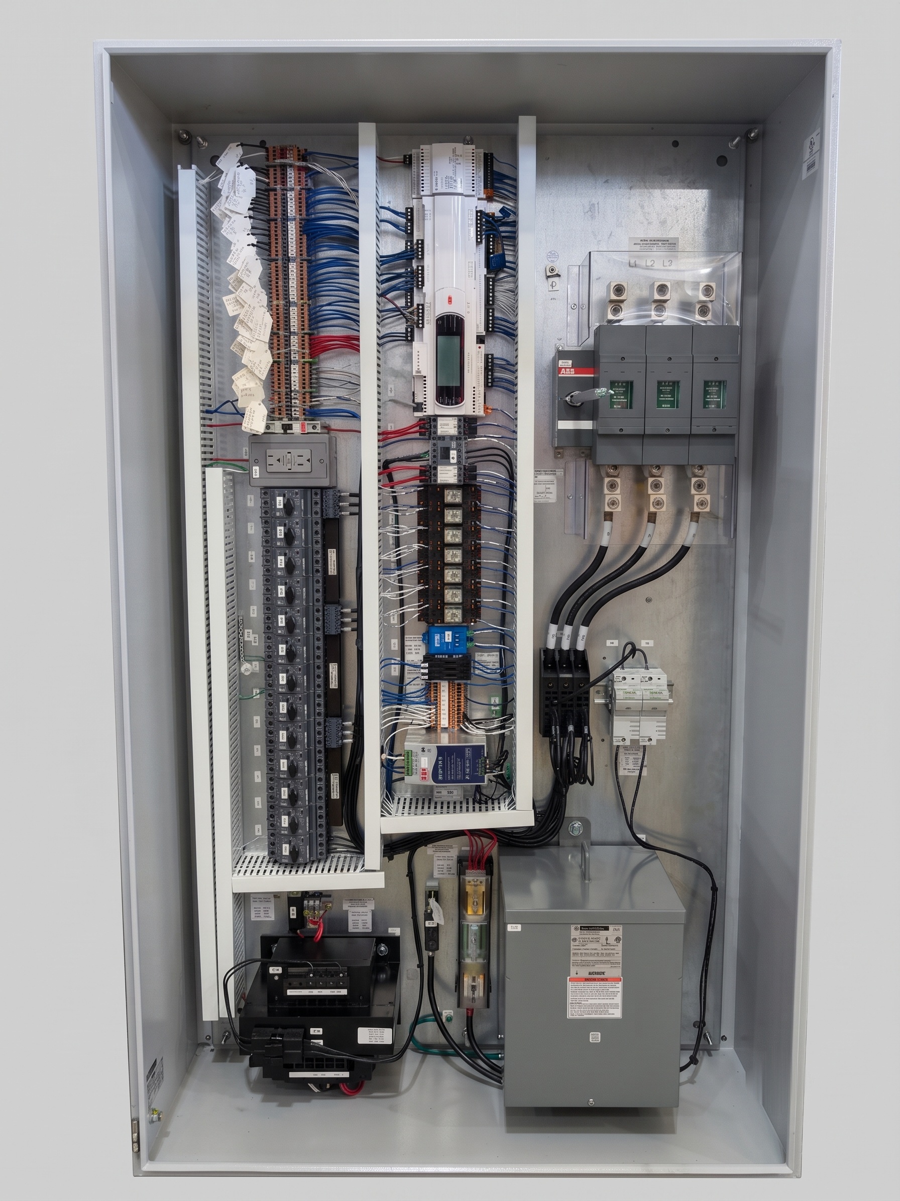 Merlin Pro Control Panel, door open, showing the internal layout: ABB main disconnect, PLC, terminal blocks, motor protectors, and control transformer. A custom build providing full AHU control from a single-point power connection.